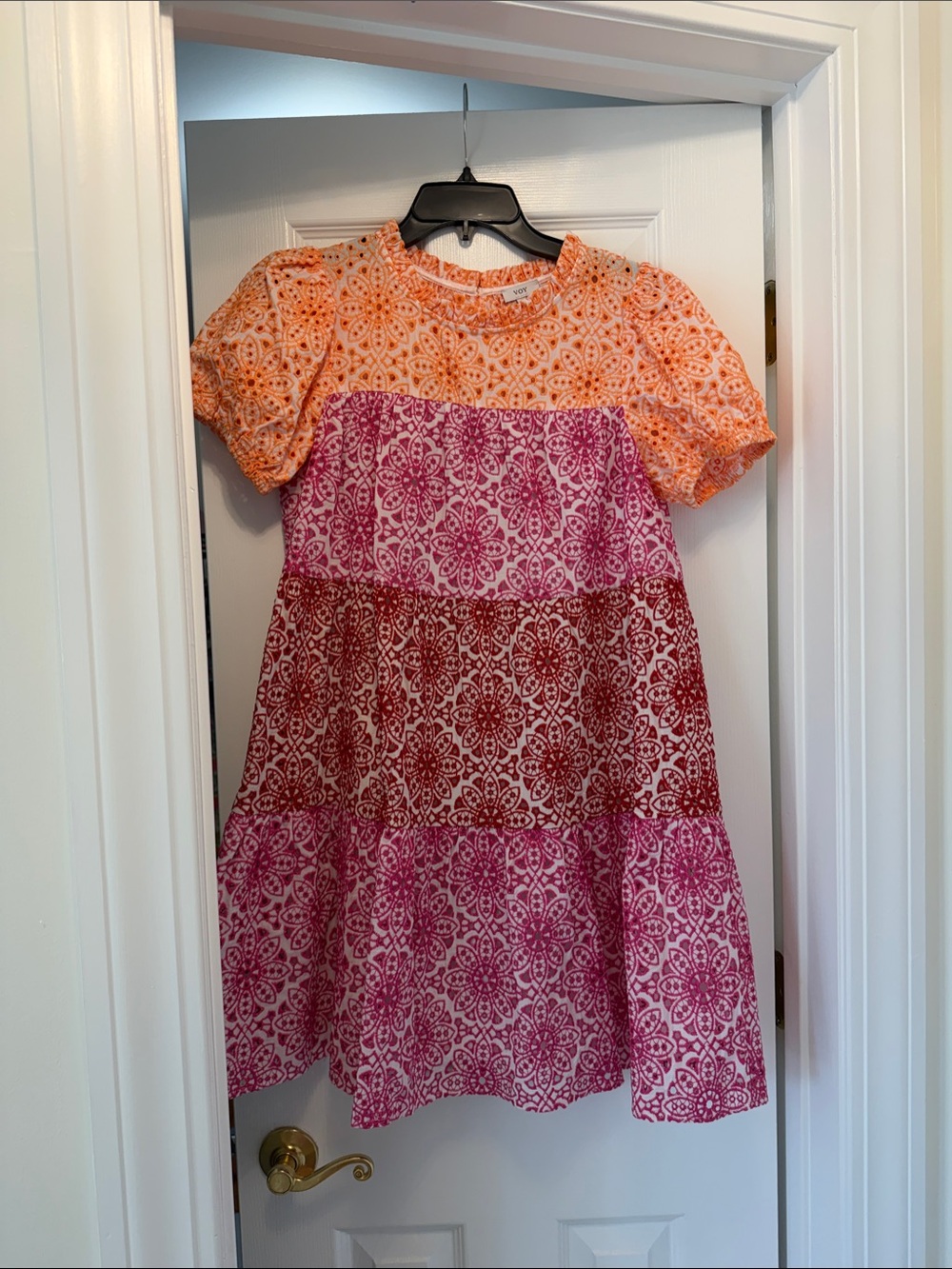 Women’s Colorblock Orange & Pink Patterned Tiered Dress